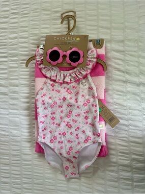 NWT Chickpea 3-Piece Floral Swimsuit Set Sunglasses & Beach Towel Size 2T UPF 50